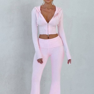 Wholesale Custom Autumn Winter New Solid Color Regular Fit Full Sleeve Hooded Top Casual Pants Suit Two Piece <b>Set</b> Women - Product Image 2