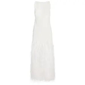 Mode Damen Sommer ärmel los Midi kleid Feder Dekoration rein weiß Damen reife einzigartige Kleidung elegant Abendkleider