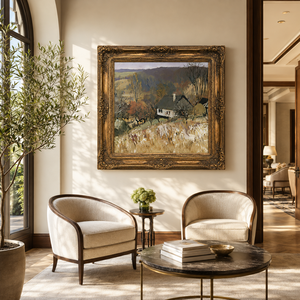 Peinture à l'huile Cottage en bord de colline, paysage de ferme et verger, encadrée or, pour décoration murale d'hôtel, auberge ou salon - Product Image 2