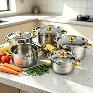 10pcs Eco-Friendly Stainless Steel <strong>Cookpot</strong> Ensemble Minimalist Design Kitchen Soup Pot Lid Silver Stainless Steel Cookware <strong>Set</strong> - Product Image 1