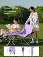 Fauteuil lune minimaliste violet d'extérieur en tissu Oxford avec cadre en acier carbone, dossier haut pliable, sac de transport inclus, personnalisable, vente en gros