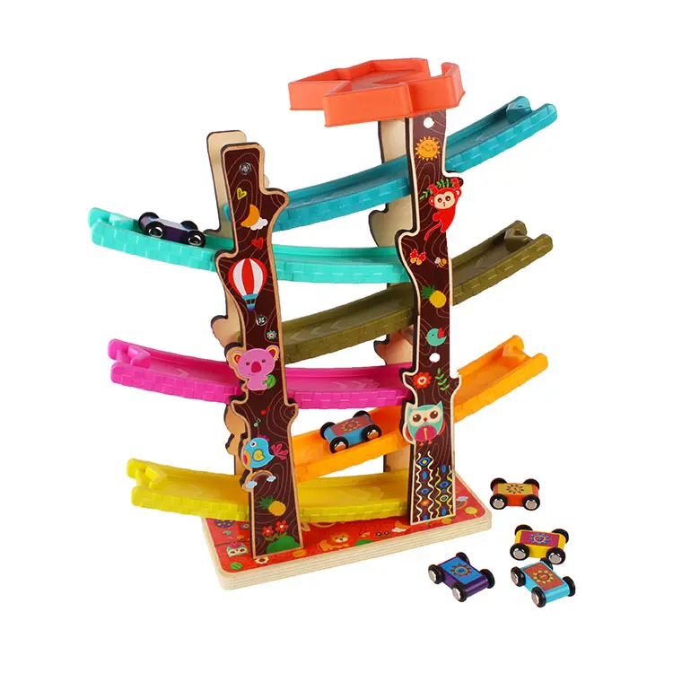 Top Luminoso BPA Libero Pista Rampa Racer Auto Giocattoli di Legno per il bambino regalo con 6 mini auto