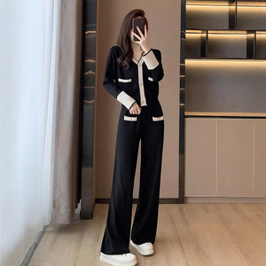 Set in Maglia con Finiture a Contrasto Stile Socialite, Elegante <span class=keywords><strong>Cardigan</strong></span> <span class=keywords><strong>Bianco</strong></span> e <span class=keywords><strong>Nero</strong></span> e Pantaloni a Gamba Larga per Outfit da Ufficio - Product Image 1