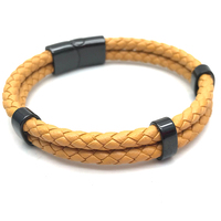 Bijoux obdienne à la mode pour hommes, cordon en cuir véritable tressé avec bracelet de breloques en acier inoxydable
