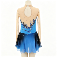 Robe de patinage et de danse bleu-noir dégradé, col montant, manches longues en maille, strass et plumes pour enfants et adultes, compétition et performance