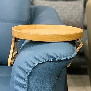 Solid Wood Round Tray Foldable <b>Sofa</b> Armrest Snack Holder Natural Color Portable Outdoor Use - Product Image 5