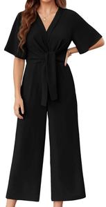 Nouvelle arrivée estivale Combinaison femme unie à col en V, taille nouée, manches courtes, simple et tendance - Product Image 2