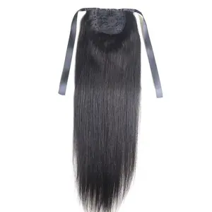 Aplique natural de rabo de cavalo, envoltório seda em torno de cordão de cabelo humano de 100% virgem reto, extensão de cabelo brasileiro remy