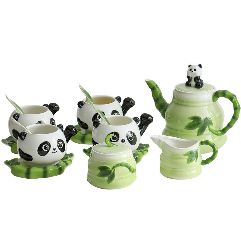 China Lovely Enamel Panda Mug Set of 15/13 Piece Ceramic Coffee Cup Set with 3D Panda Lid and Spoon for Panda Lovers