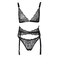 Ensemble trois pièces sexy en dentelle transparente avec jarretière cuissardes, string et soutien-gorge à fermeture avant pour femme, grandes tailles