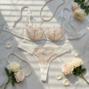 White Floral Rose Embroidery Lingerie <b>Set</b> <b>Sexy</b> Sheer Mesh Underwire Bra and Thong Panties <b>Set</b> 2 Piece Bow Lace Bra <b>Set</b> OEM ODM - Product Image 2