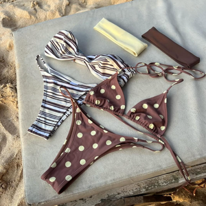 Ensemble bikini brésilien micro mini personnalisé pour femmes, réversible, bandeau, motif à pois, ceinture, spandex/nylon, 2 pièces - Product Image 1