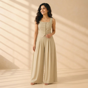 Premium <b>Linen</b>/Cotton Women's Bohemian Loose Fit Luxury Button Vest Regular <b>Top</b> Wide Leg Pants Two Piece Outfit Set - Product Image 1