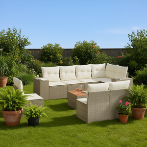 Conjunto de Sofás de Jardín Beige de 6 Plazas, Muebles de Ratán para Exteriores Resistentes a la Intemperie, Diseño Contemporáneo - Product Image 2