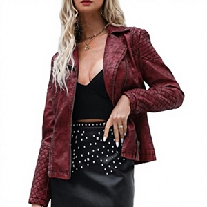 Veste en cuir PU pour femme, style moto, design matelassé, fermeture éclair, col rabattu, style automne, longueur normale, couleur unie - Product Image 1