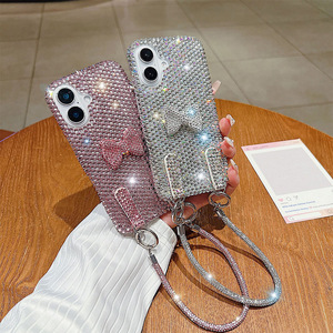 Nouvelle <span class=keywords><strong>Coque</strong></span> de Téléphone de Luxe Blanche et Rose Entièrement Ornée de Strass en Forme de Nœud pour <span class=keywords><strong>iPhone</strong></span> 17 16 15 14 13 Pro Max avec Chaîne Assortie - Product Image 2
