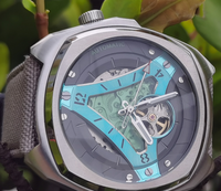 Reloj de Pulsera para Hombre, Esqueleto, Mecánico Automático, Correa de Silicona Cuadrada