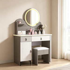 Modern Makeup Vanity <b>With</b> Lighted Round Mirror Storage <b>Drawers</b> And Cabinet Bedroom <b>Dressing</b> <b>Table</b> <b>With</b> Stool - Product Image 1