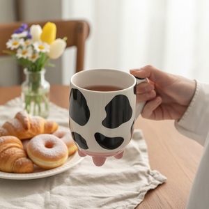 Custom Novelty White and Black Cow Cute Mug Hand Painted Design Cow Print Ceramic Mug with <strong>Udders</strong> Non-Skid <strong>Silicone</strong> Feet - Product Image 1