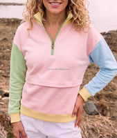 Sweat-shirt décontracté pour femme, col demi-zip, manches longues, coupe courte, color block violet, vert et jaune, Mardi Gras, personnalisé, grandes tailles