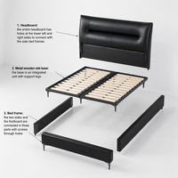 Lit en fer rembourré en cuir noir moderne, confortable et abordable avec rangement, taille King/Queen, cadre en bois assemblé, chambre à coucher V640