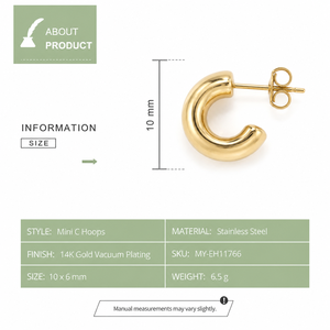 Mini Aros en Forma de C, Acero Inoxidable, Chapado en Oro de 14K al Vacío, Pequeños Aros Redondos Abiertos con Cierre de Mariposa - Product Image 2