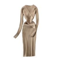 Ensemble Robe Pull Midi Noire Unie Décontractée et Simple pour Femme, Col en V, Hiver, Élégante, Tricot Côtelé, Moulante, Vente en Gros
