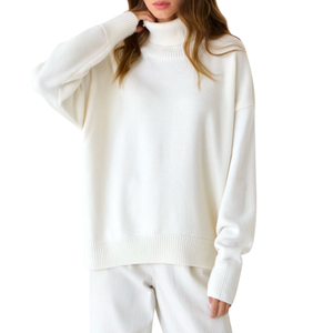 Haute qualité vêtements quotidiens pour femmes polaire logo personnalisé ivoire couleur unie col montant pull surdimensionné sweat lourd - Product Image 1