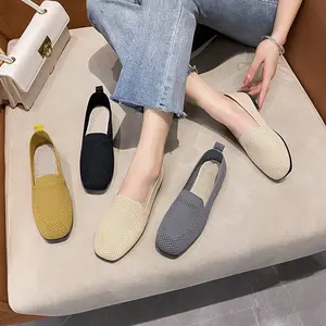 Hot Sales Square Toe Comfortable Fly Knitting Women Flats Shoes Ballet Ladies Driving Office Shoes