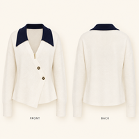 Cardigan sur mesure 100% laine, col marine, style enveloppant, boutons dorés, ivoire, élégant pour femme