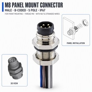 Connecteur M8 à montage sur panneau, 5 broches mâle, codage B, étanche IP67, connecteur de capteur M8, montage frontal, filetage M8, écrou M8, fils toronnés, 3A - Product Image 1