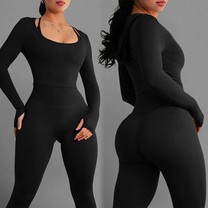 Aangepaste 2-delige Hoge Taille Uitlopende Activewear Voor Vrouwen Pilates Yoga Fitness Gym Workout Sets Met Waterdicht Solide Patroon - Product Image 3