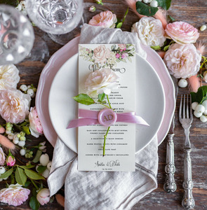 Tarjetas de Menú de Boda de Papel de Algodón con Diseño Floral Rosa, Nombres Personalizados, Fecha, Cuerda Dorada, para Mesa - Product Image 5