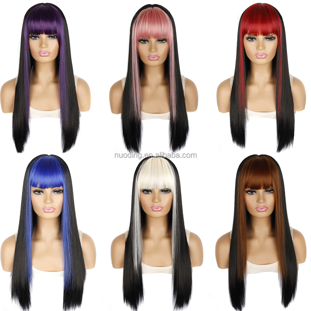 Hot selling 26inch non lace hair wigs colorful cosplay long straight fringe hair synthetic hair extension heat resistant fiber