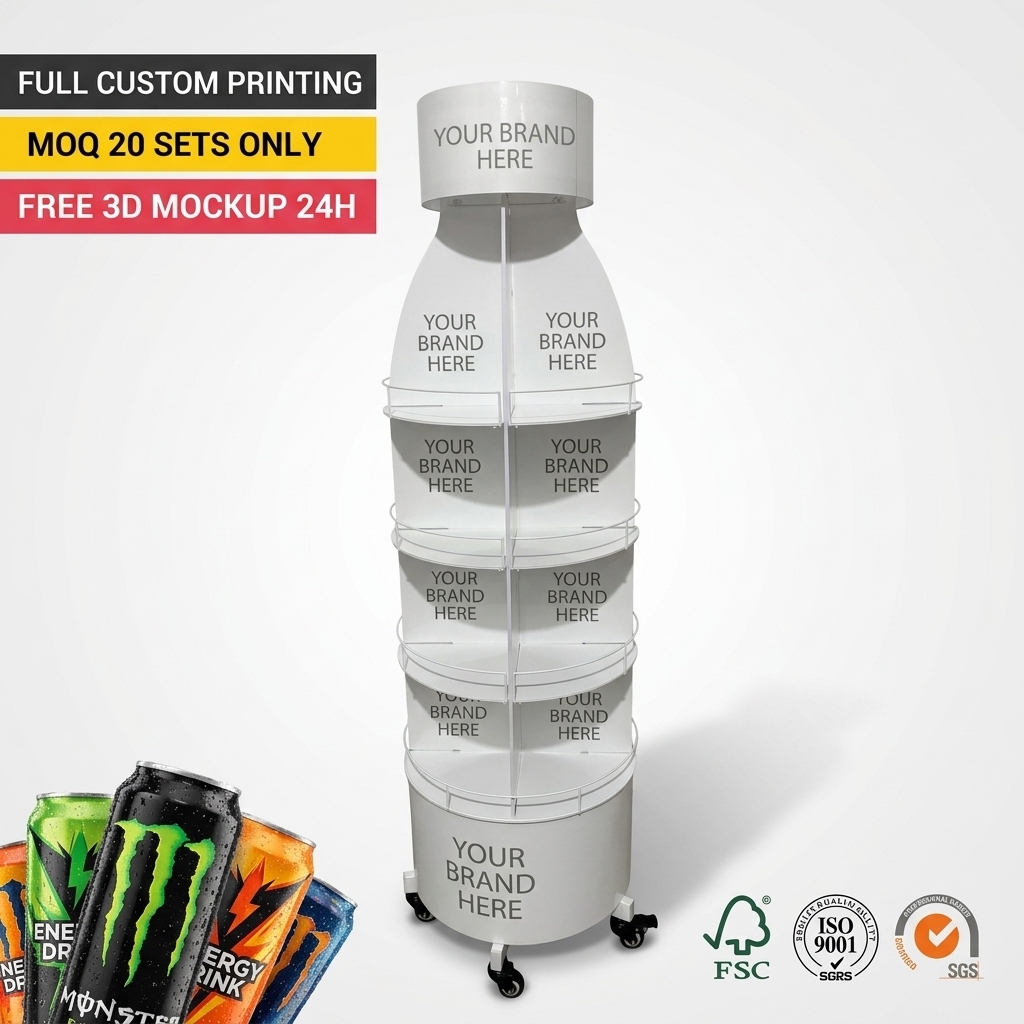 Custom Bottle Shaped Metal Beverage Display Stand for Energy Drink Mineral Soda Sparkling Water Floor Mobile Rack with WheelsOEM — view 1