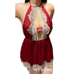 Conjunto de camisón sexy de talla grande para mujer, con cuello halter, ligeramente transparente, pijama para chicas con curvas, camisón sin espalda - Product Image 2