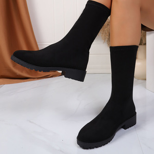 Stivali da Donna Taglia Grande Snellenti Elasticizzati Nuovi Stivali Invernali con Punta Tonda Tacco Grosso in Camoscio a Metà Polpaccio Vendita all'Ingrosso - Product Image 3