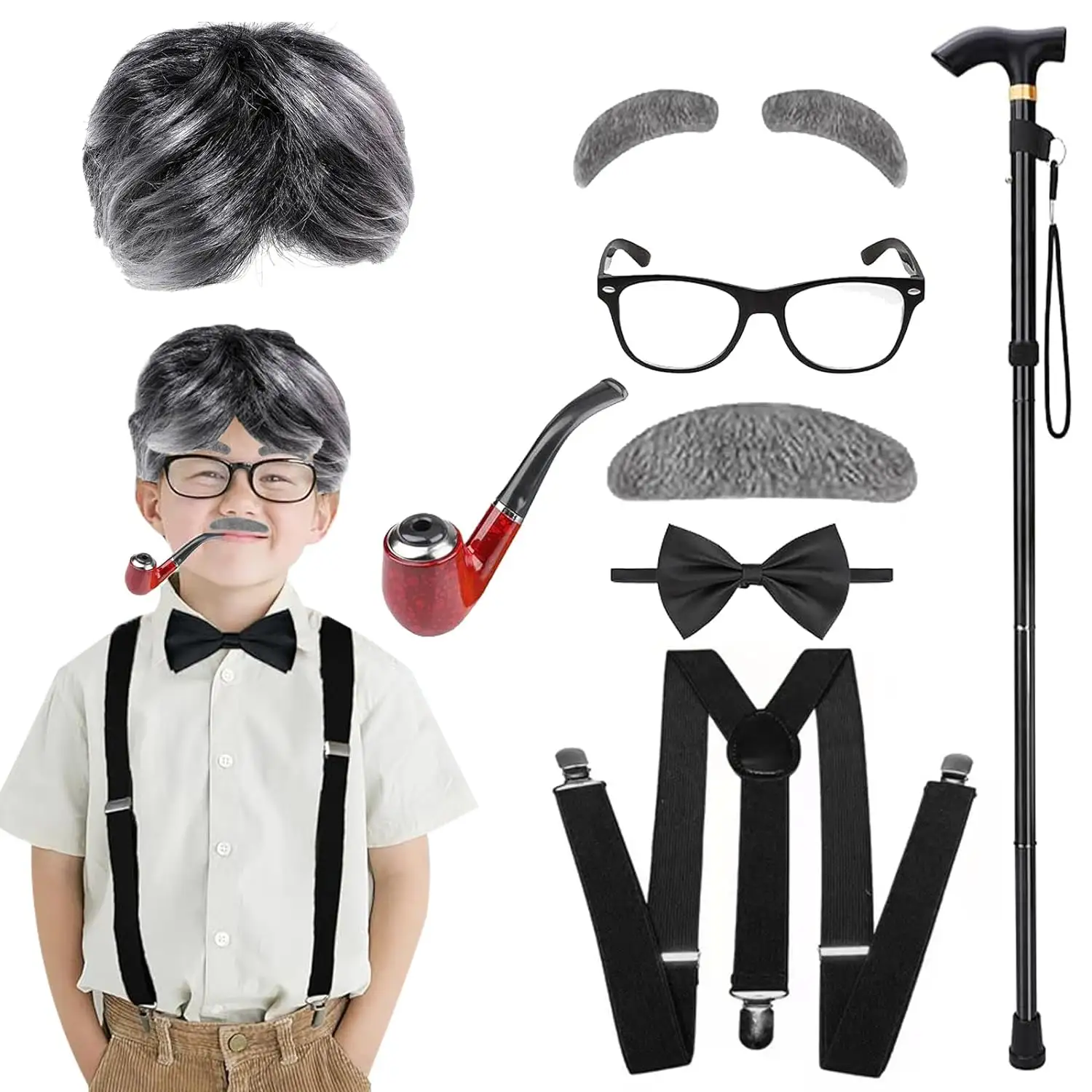 Kostum pria tua untuk anak-anak 100 hari sekolah Cosplay abu-abu Wig kumis tongkat kacamata untuk kakek terinspirasi aksesoris gaun