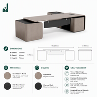 Bureau de direction moderne de luxe à bords incurvés en placage de bois gris ébène en forme de L avec table d'appoint et panneau pour bureau de PDG d'entreprise