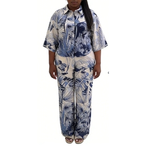 Women's Tropical Print 2 Piece Set - 3/4 Sleeve Button <b>Down</b> Shirt & Wide Leg <b>Pants</b> African Women Sets Fashion - Product Image 3