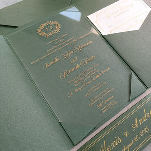 Dark Green Trifold Hardcover Wedding Invitation Set Elegant clear Acrylic and RSVP Card Faire <strong>Part</strong> De Mariage Luxe Modern Invite - Product Image 2