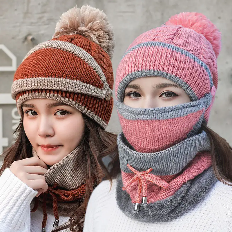 Topi Wanita 3 In 1 Musim Dingin, Topi Beanie Berjajar Bulu Hangat dengan Syal dan Masker untuk Kegiatan Luar Ruangan