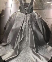 Nouvelle robe en satin gris pour filles élégante robe à fleurs brodées pour filles robe bouffante princesse noble