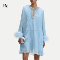 Haut de gamme personnalisé en gros Odm/oem Premium vêtements usine élégante à manches longues plissé Diamante en mousseline de soie plume Mini robe robe