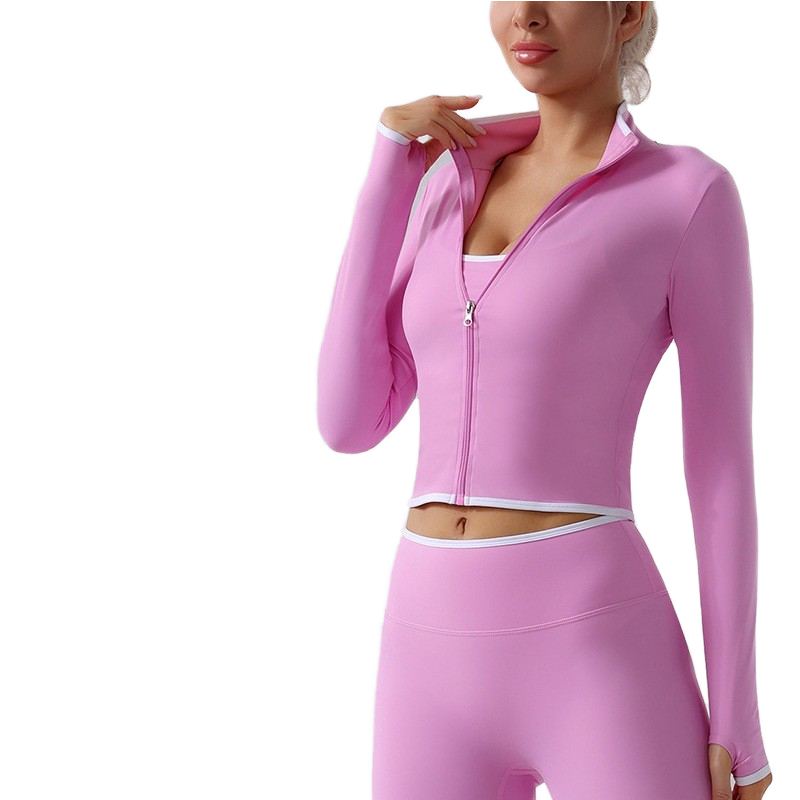 Women's Color-Blocked Zip-Up Stand Collar Yoga Top with Thumb-Hole Long Sleeves Breathable Seamless for Outdoor Running Fitness