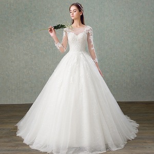 Korean Style Simple Floor Length Wedding Dress Off Shoulder Long Sleeves <b>Lace</b> Princess Waistline <b>White</b> - Product Image 2