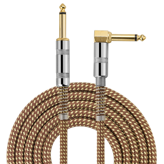 Bochara Braided 1/4'' Jack 90degree 6.35mm to 6.35mm Audio Mono Cable M/M Gold Plated for Electric Guitar Mixer Amplifier 1.5m