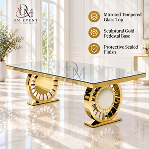 Table de banquet moderne en acier inoxydable doré avec plateau en verre miroir et double base ronde sur piédestal – Mobilier événementiel en gros - Product Image 1