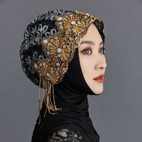 Nouvelle Casquette Beauté Musulmane 2025 avec Perles et Strass – Voile de Dentelle Hijab pour Femme (Modèle Strass Tendance)