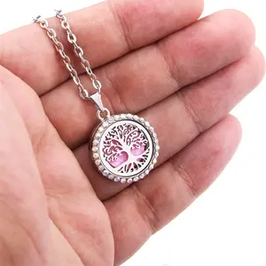 Hollow Tree Of Life Round Full Diamond Locket Flower Butterfly Patterns Multiple Essential Oil Diffuser Aromatherapy Necklace